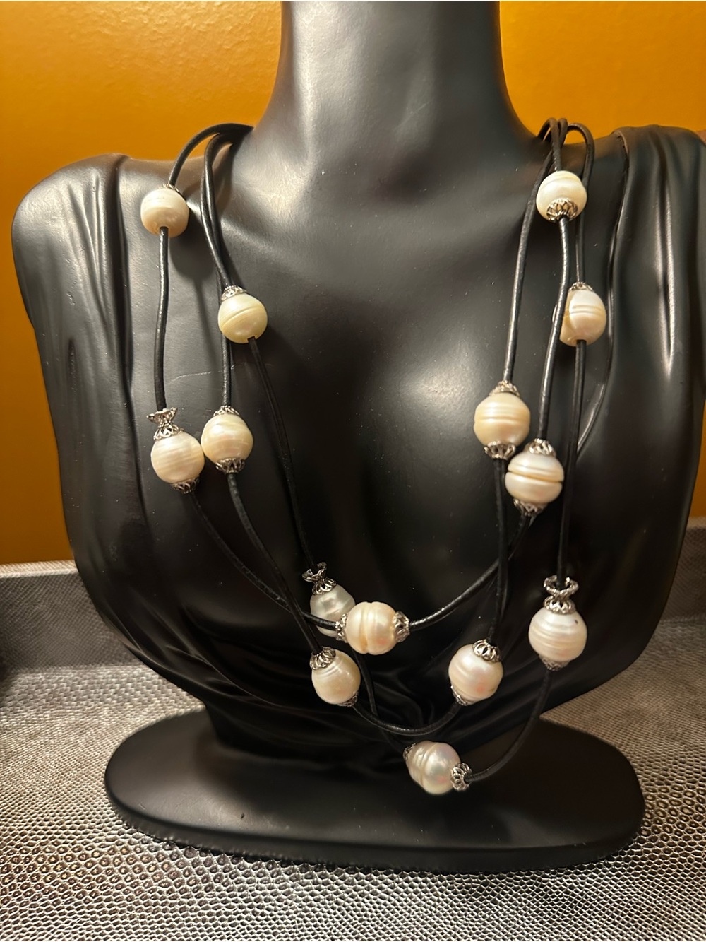 Lucas Lameth Multi-Strand Black Leather Necklace with  Fresh Water Pearls 925